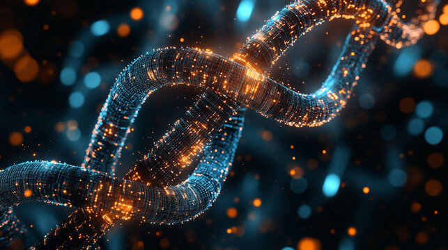 DNA strands transforming into a flowchart, depicting strategy rooted in genetic data, Stunning digital illustration of a DNA strand featuring vibrant blue colors and glowing particles,