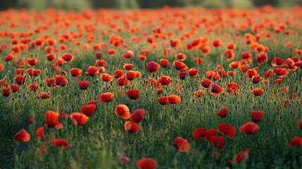 Vibrant Poppy Meadow: A Blooming Spring Landscape of Red Flowers in Countryside