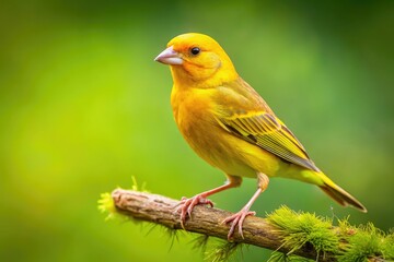 A lively wild canary sits gracefully on a branch, set against a gentle green backdrop, showcasing its natural habitat in perfect harmony with nature.