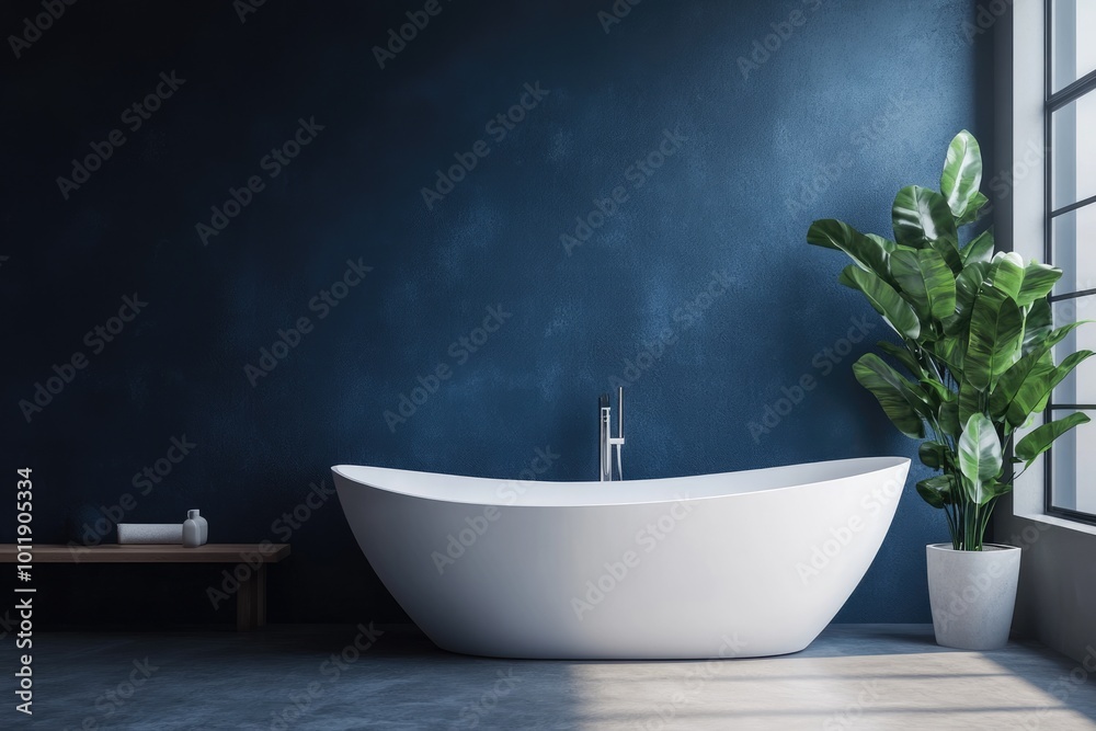 Canvas Prints Luxury Bathroom Design with Modern White Bathtub on Dark Blue Wall