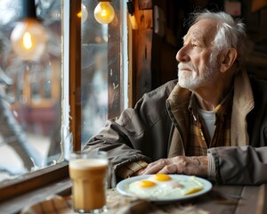 Elderly Man Deep in Thought Enjoying Morning Coffee and Eggs at Diner