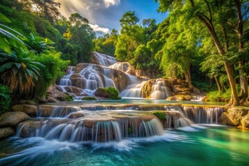 Naklejka premium Captivating View of Dunn's River Falls Surrounded by Lush Greenery and Crystal Clear Waterfalls