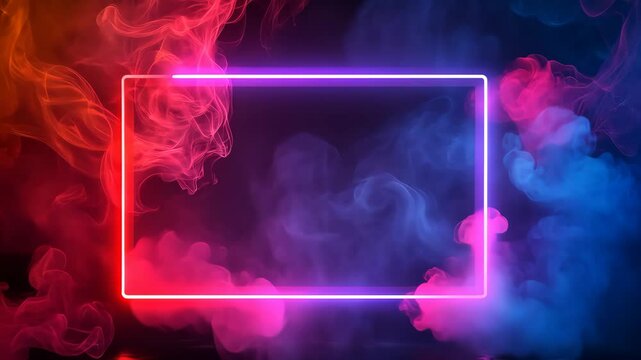 Neon rectangle frame with colorful smoke, futuristic abstract concept