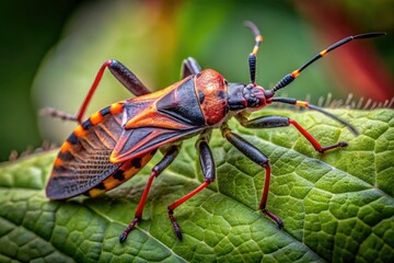 An intricate close-up of an Eastern leaf-footed bug perched on a green leaf, highlighting its distinct body structure and vibrant coloration in exquisite detail.
