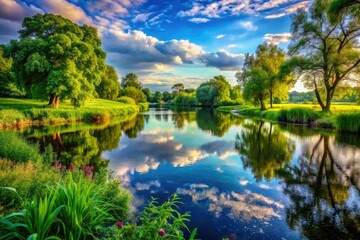 Fototapeta premium A peaceful landscape wallpaper showcasing vibrant greenery and calm waters, creating a serene natural setting that invites relaxation and tranquility into any space.