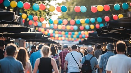Naklejka premium Festive Street Market Crowd with Balloons and Umbrellas