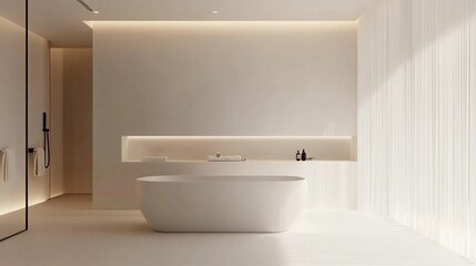 Minimalist bathroom with a freestanding bathtub in the center, white walls, clean lines, soft...