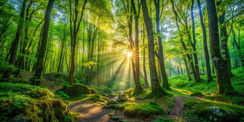 Fototapeta premium A peaceful Irati forest features vibrant greenery and sunlight filtering through the trees, creating a serene atmosphere that invites reflection and tranquility amidst nature's beauty.