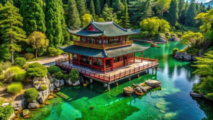 Fototapeta premium A peaceful tea house nestled in Emerald Bay, embraced by vibrant greenery and the soothing beauty of nature, offering a tranquil escape for all.