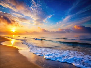 Obraz premium A serene beach at dawn, gentle waves lap at the shore, while soft fog envelops the tranquil ocean, creating a peaceful and calming atmosphere.
