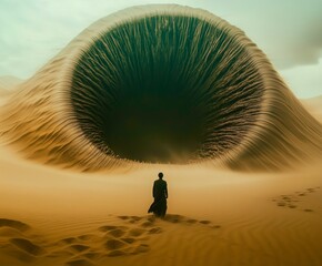 A lone figure walks across an endless desert as a massive, otherworldly worm looms above. The scene evokes mystery, danger, and a battle for survival.