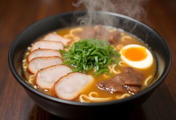 A bowl of ramen with steaming broth, noodles, sliced pork, and a soft-boiled egg, garnished with green onions and nori.