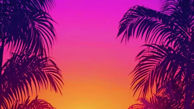 Retro 80s-inspired colors (electric blue, hot pink, neon green) palm leaves screen, neon gradient to shine. A space middle glows softly for text, 4k High-Quality background Animation Video