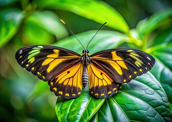 Naklejka premium A striking black and yellow butterfly perches gracefully on a green leaf, surrounded by a lively natural setting that enhances its vibrant beauty.