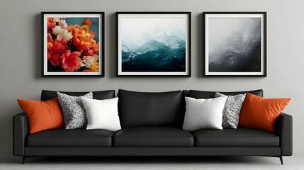 Framed Artwork of Flowers, Abstract Waves, and Grey Swirls, Hanging on a Wall Above a Black Leather Sofa with Orange and White Pillows