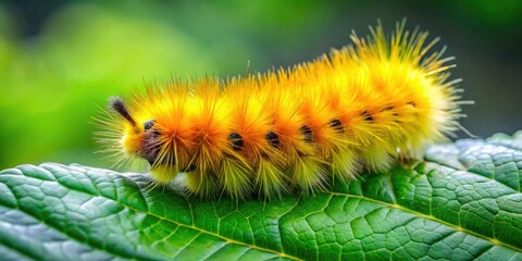 Fototapeta premium A striking yellow woolly bear caterpillar rests on a lush green leaf, perfectly blending into its summer habitat, showcasing nature's vibrant colors and textures.
