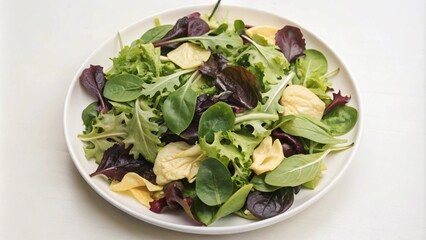 A white plate with a healthy salad made with mixed greens and cheese.