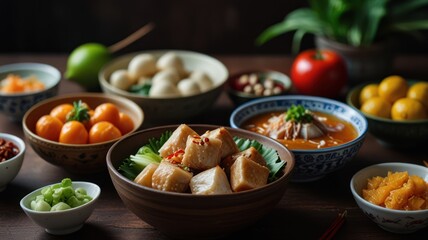 A variety of delicious Chinese dishes are arranged on a wooden table, including fried tofu, fish balls, and vegetables.