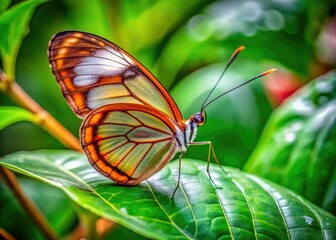 Obraz premium A stunning coffee clearwing butterfly rests delicately on lush green leaves, showcasing its beauty in a vibrant, tropical garden filled with colorful flora and serene tranquility.