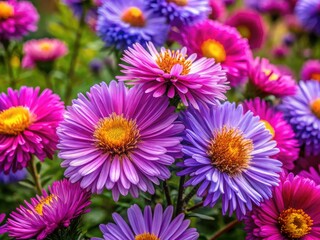 Obraz premium A stunning display of colorful aster flowers in nature showcases their vibrant beauty, enchanting us with their rich hues and captivating floral arrangements in full bloom.