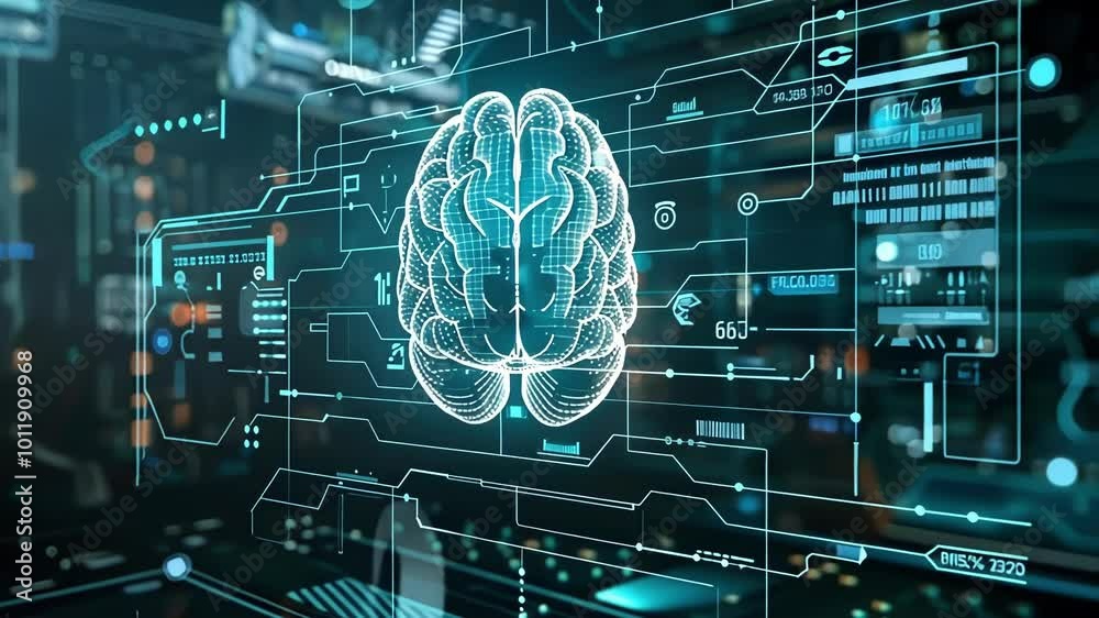 Poster Holographic brain and data processing using machine learning, showing the potential of artificial intelligence to enhance cognitive abilities