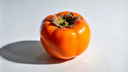 A single ripe persimmon fruit on a white surface with a shadow.
