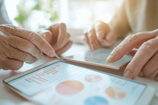 elderly couple looks at a tablet with charts and graphs on budgeting and finance. Proper financing and budgeting, control of the financial market by elderly people - Powered by Adobe