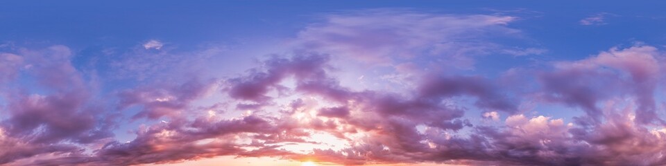 360 panorama of glowing sunset sky with bright pink Cumulus clouds. HDR 360 seamless spherical panorama. Full zenith or sky dome sky replacement for aerial drone panoramas. Climate and weather change.