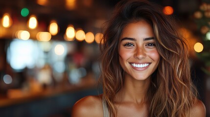 Obraz premium Smiling young woman in a casual setting with blurred bokeh lights in the background