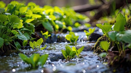 Naklejka premium Beautiful spring detailed close up stream of fresh water with young green plants --no text and people, human --chaos 10 --ar 16:9 Job ID: 2dcb3915-bd97-4f50-9c1c-b59229312b72