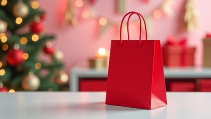 Red gift bag on white table with blurred Christmas tree and festive lights in background.
Holiday gift concept, Christmas celebration, seasonal packaging design.
