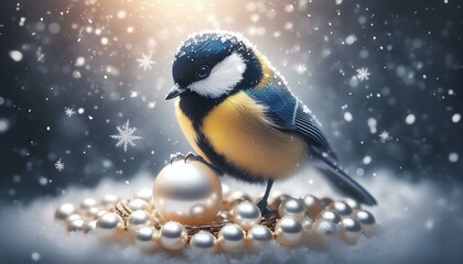 Fototapeta premium titmouse and pearl against the backdrop of falling snow