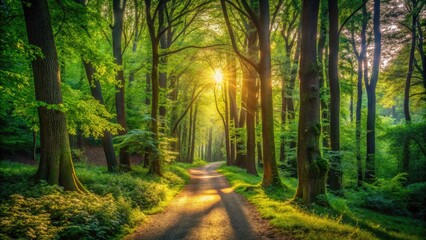 Obraz premium A tranquil trail winds through vibrant green trees in a sunlit forest, where soft, dappled light dances gently upon the lush, peaceful surroundings.