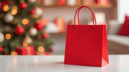 Red gift bag on white table with blurred Christmas tree festive lights in background.
Holiday gift concept, Christmas celebration, seasonal mockup