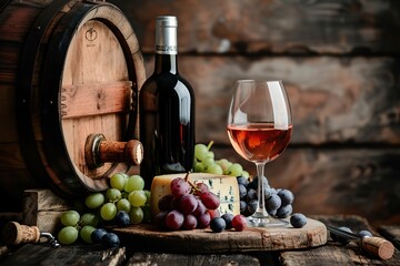 Obraz premium Pairing of Wineglasses and Cheese, Grapes, Wine bottle among a Wooden Barrel. Charming rustic setting. Rustic Wine Archive Cellar. Concept of winery, grape products, wine production.