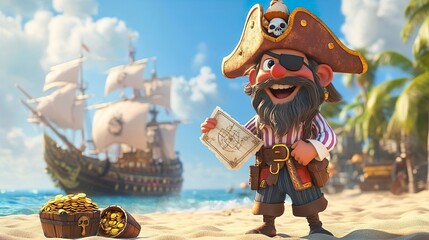 Fototapeta premium A pirate cartoon character with one eye and wooden leg holding treasure map