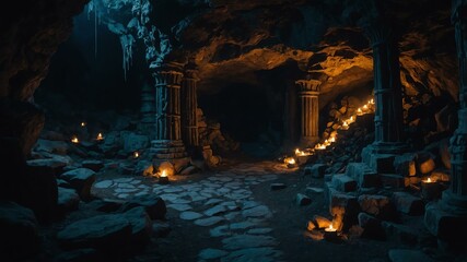 monsters lair a dark cave filled with bones scary Halloween themed background