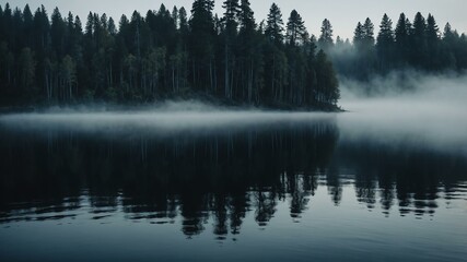 eerie lake a still water body with fog rising scary Halloween themed background