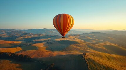 Fototapeta premium Balloon drifting at sunrise over a breathtaking landscape capturing beauty in flight
