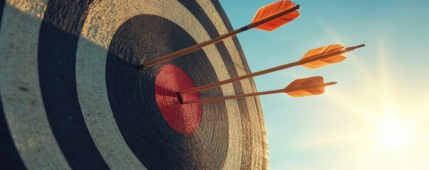 Three arrows hitting the center of a target, symbolizing precision and accuracy in a competitive archery sport landscape