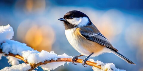 Obraz premium Charming Chickadee Perched on a Branch Surrounded by Snowy Winter Landscape in Natural Habitat