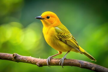 A vibrant yellow bird sits gracefully on a branch, surrounded by a gentle green backdrop, blending beautifully into its natural habitat and creating a serene atmosphere.