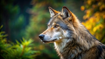 Fototapeta premium A wolf stands majestically in its natural habitat, exuding grace and wild beauty as it navigates the wilderness with elegance and inherent strength.