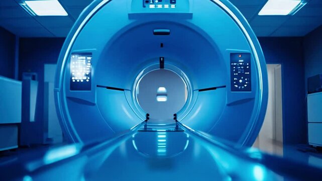 The advanced MRI scanner awaits a patient in a blue lit hospital setting designed for medical imaging