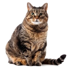 Fototapeta premium Overweight Domestic Cat Sitting with Plump Belly and Curious Gaze on White Background