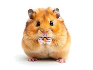 Chubby Hamster Stuffing Cheeks with Seeds Against White Backdrop