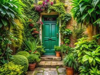 Charming Green Front Door Surrounded by Lush Plants and Welcoming Pathway in Residential Setting