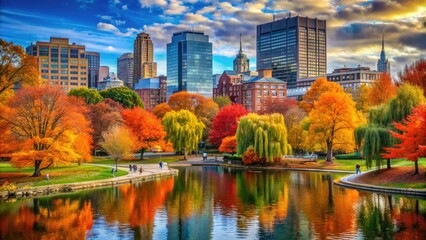 Obraz premium Boston's parks and streets burst with vibrant autumn colors, showcasing breathtaking foliage that highlights the city's scenic beauty during the enchanting fall season.