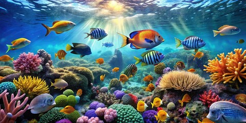 Breathtaking 4K underwater wallpaper showcasing vibrant marine life amidst a tranquil blue ocean, perfect for creating a serene underwater atmosphere in any space.