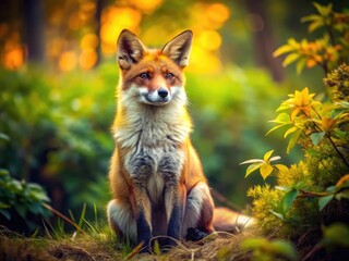 Charming Illustration of a Fox Sitting Gracefully in a Natural Setting with Vibrant Colors and Details